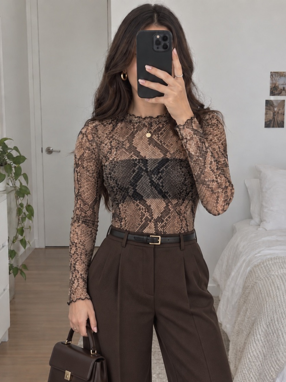Sheer Snakeskin Mesh Long-Sleeve Top